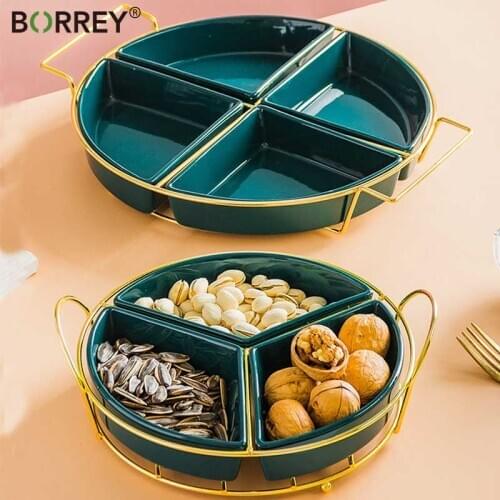 BORREY Snacks Tray Fruit Plate Round Ceramics Dessert cake with Partition Home Use Multi Grid Dried Fruit Snack Separated Tray