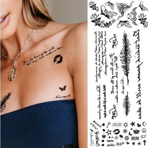 DIY Inspired Quotes Feather Small Temporary Tattoos For Women Kids Realistic Butterfly Elf Fake Tattoo Cute Chest Tatoo Sticker