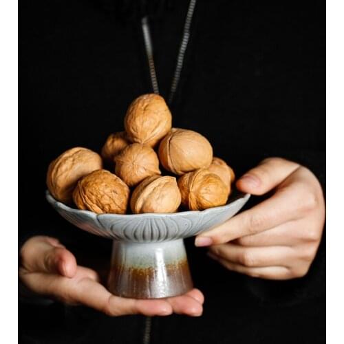 Chinese retro Handmade High Feet Ceramic coarse pottery Plate Porcelain Dessert Tray Fruit Snack Serving Platter Candy Dish