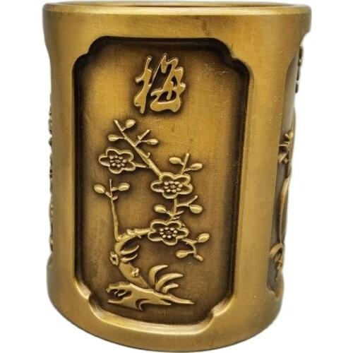 Chinese Old Bronze Statue Brass Plum Orchid Bamboo Chrysanthemum Pen Holder