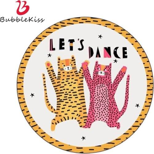 Bubble Kiss Creative Round Carpet Kids Room Cartoon Cute Dancing Leopard Rugs For Living Room Yellow Pink Home Decor Kids Carpet