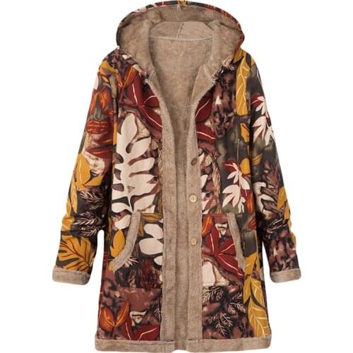 Women Coats 2020 Autumn Winter Warm Fleece Hooded Jacket Vintage Printing Long Coats Ladies Long Sleeve Outwear Oversize