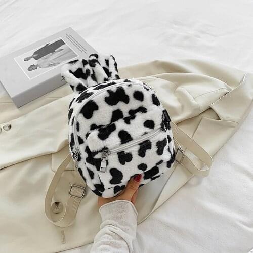 Cute Cartoon Rabbit Ears Women Backpack Soft Plush Small Shoulder Bag Fashion Zebra Cow Print Travel Rucksack Girls Bagpacks
