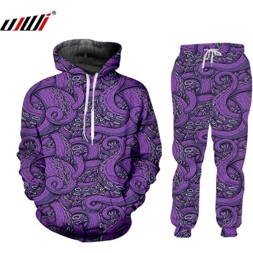 UJWI Harajuku Purple Trend Hoodies Mens Oversized Casual Zipper Jacket 3D Printed Octopus Tentacle Street Style Two-piece Set