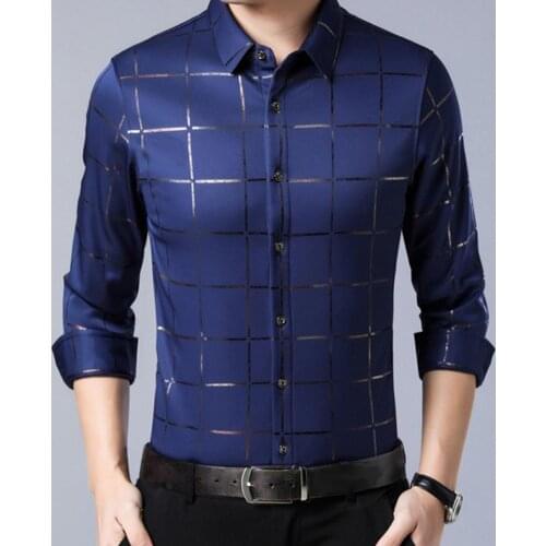 60% Dropshipping!!Men Dress Shirt Large Plaid Satin Surface Casual Non-iron Turndown Collar Single-breasted Shirt for Business