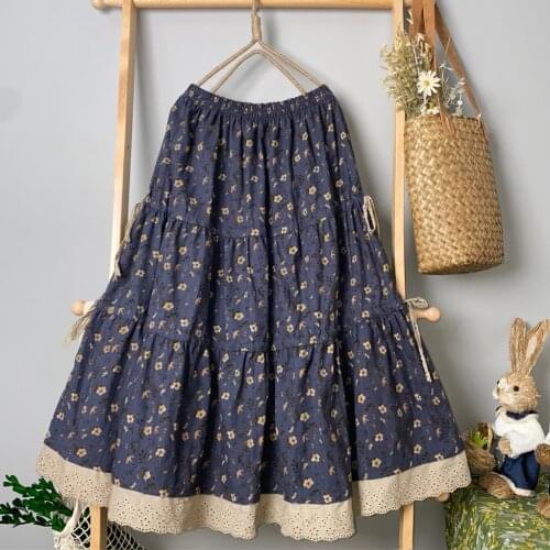 Autumn Winter 2021 New All-Match Printed A-Line Skirt Mori Girl Double-Sided Lace Sweet Age-Reducing Large-Length Skirt