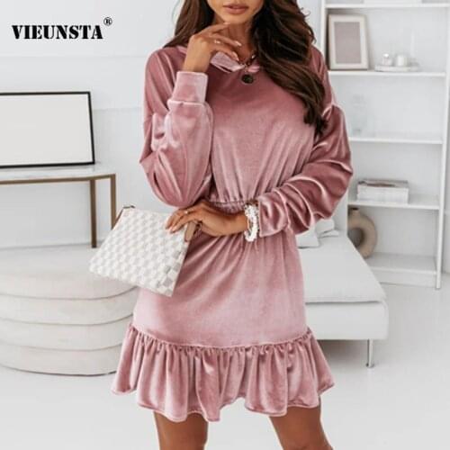 2021 Autumn Solid Elastic Waist Velvet Party Dress Women Elegant Ruffle Hooded Pullover Dress Winter Long Sleeve Soft Mini Dress