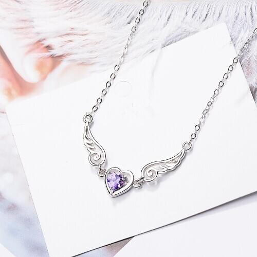 925 Sterling Silver Crystal Heart Angel Wings Charm Necklace For Women choker Jewelry Prevent allergy dz274