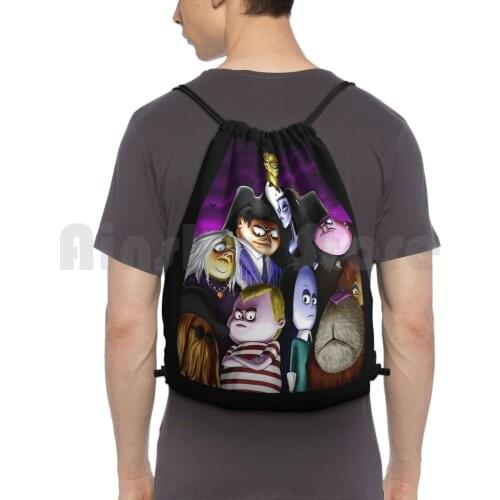 Portrait Backpack Drawstring Bag Riding Climbing Gym Bag The Halloween Kids Cartoons Movies Wednsday Pugsley Thing Uncle