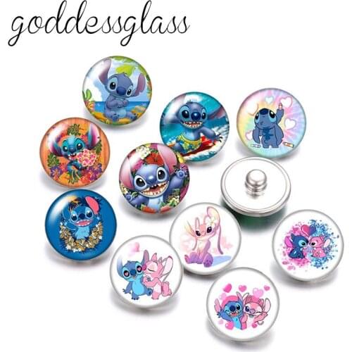 Disney Cute Stitch Angel 10pcs Round photo glass 18mm snap buttons for 18mm snap bracelets jewelry