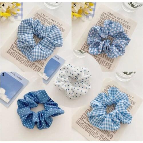Blue Series Hair Scrunchie Polka Dot Plaid Daisy Print Hair Rope Elastic Hair Bands Ponytail Holder Hair Rubber Band Accessories