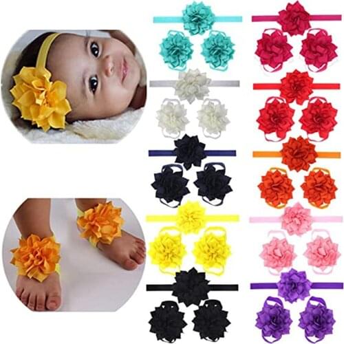 30Sets Handmade Chiffon Lotus Flowers Headbands and Barefoot Sandals Hair Bows Accessories and Footwear for 3-36 Months Baby