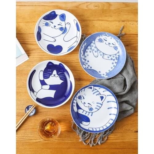 1 PC Japanese Dish Plate Ceramic Underglaze Cute Cat Patterned Exquisite Household Made in Japan