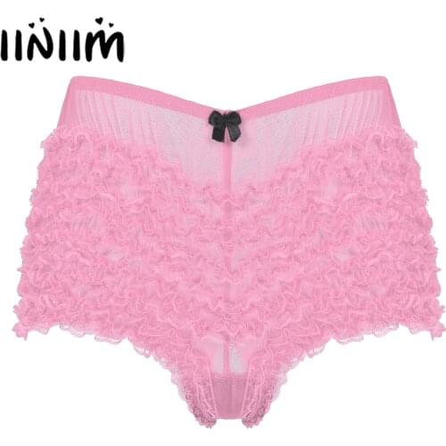 Adult Mens Sexy Sissy Underwear Lace Ruffle Dance Shorts Elastic Waist Translucent Boxer Shorts Lingerie Crossdressing Panities
