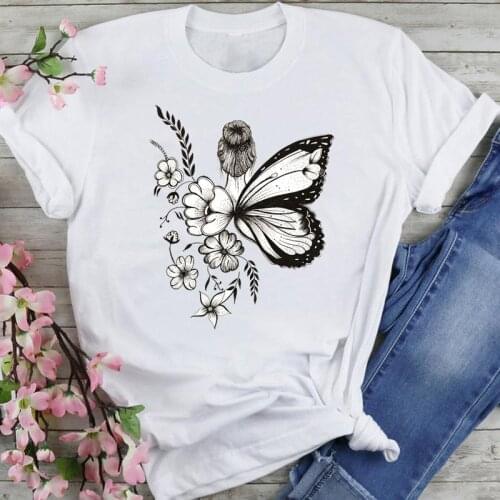 Women Graphic Floral Flower Butterfly Ladies Cartoon Fashion Summer Female Clothes Print Short Sleeve Tops Tees Tshirt T-Shirt