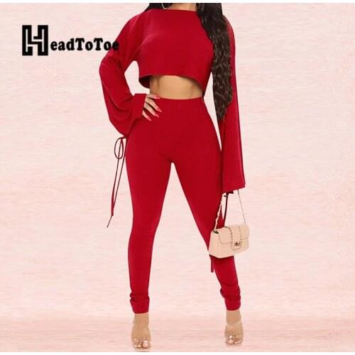 Solid Lace Up Fashion OL Brief 2 Piece Set Women Long Flare Sleeve Round Neck Pencil Two Piece Outfits Women Short Top and Pant