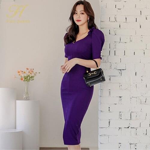 H Han Queen New 2021 Spring Split Pencil Dress Womens Puff Sleeve Sheath Bodycon Dresses Elegant OL Work Party Casual Vestidos