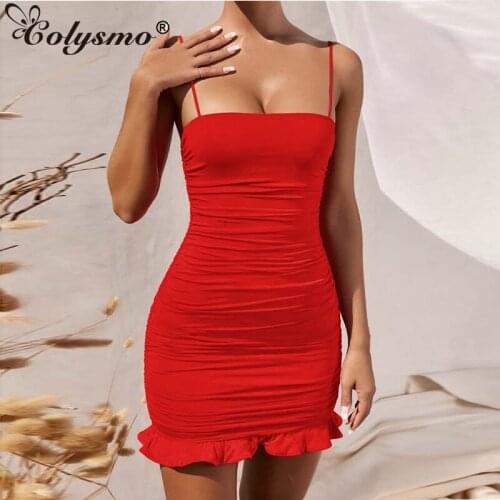 Colysmo Bodycon Summer Dress Women Spaghetti Straps Backess Sexy Mini Dress Solid Color Ruched Ruffles Party Club Dresses 2020