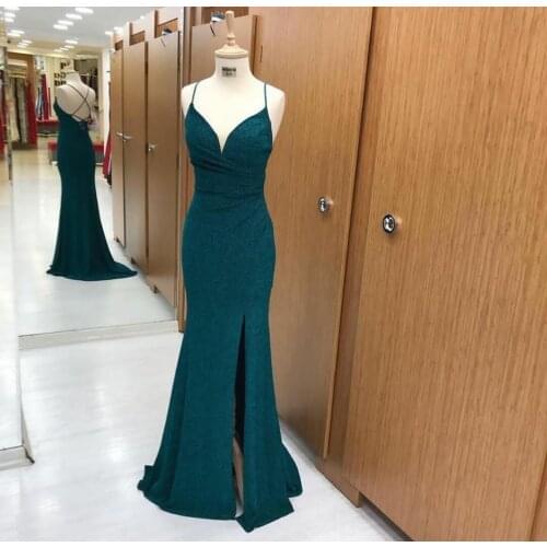 Sexy Long Glitter Green Evening Dresses with Slit Mermaid V-Neck Criss Cross Back Abendkleider Robes De Soirée for Women