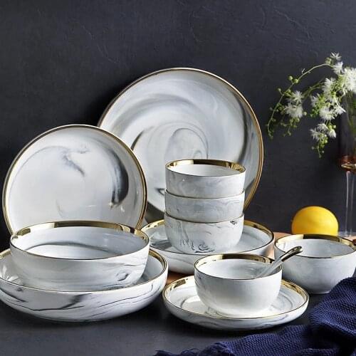 13 piece set Marble Ceramic Plates and Bowls Set Dinnerware Sets Christmas Salad Bone China White Plates Kitchen Dishes