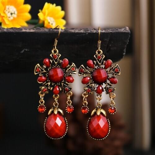 2020 Ethnic Womens Red Flower Tassel Earrings Gypsy Retro Stone Jhumka Indian Earrings Fashion Jewelry