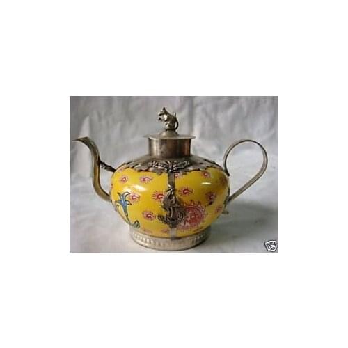 Healing Medicine Rare tibetan silver jade carved dragon teapot Garden Decoration 100% real Tibetan Silver Brassroom Art Statue