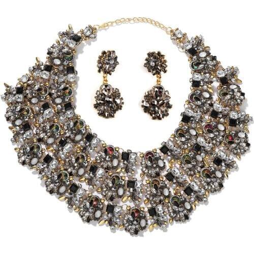 Dvacaman Luxury Crystal Jewelry Set for Women Black Rhinestone Bib Statement Necklace&Drop Earrrings Wedding Banquet Bridal Gift