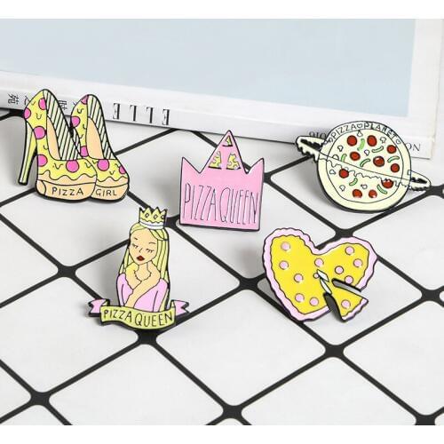 Pizza Queen Pizza Heart Crown Enamel Brooch Planet High heels Pin Bag Clothes Lapel Pin Badge Food Jewelry Gift Girl Kids Friend