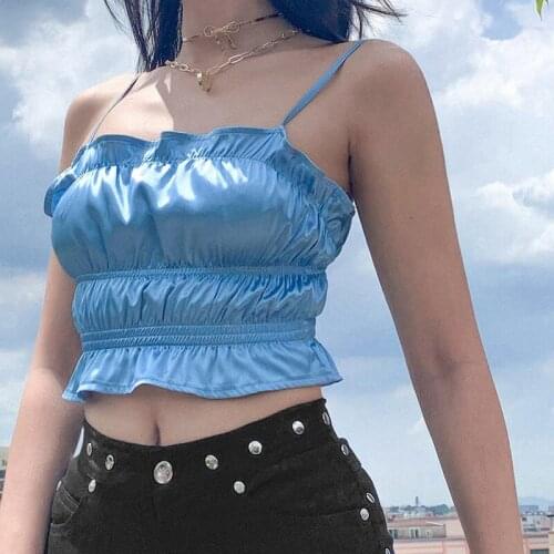 French Retro Careful Machine Fold Design,Fashionable Ruffled Sling Slim Fit And Versatile Temperament Short Top