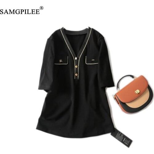 Summer T-shirts For Women 2021 New Women Office Lady Nylon Cotton Short Sleeve Pockets Solid V-neck Oversized T Shirt Woman 4XL