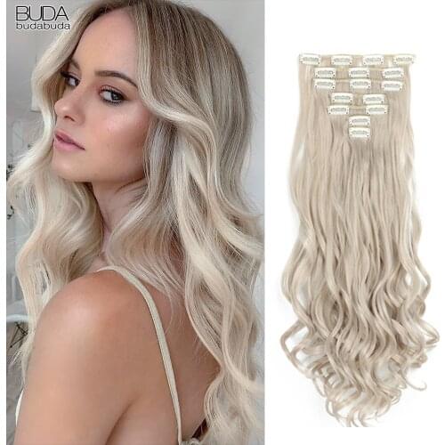 16 Clips In Hair Extensions Natural Wave 7 Pcs/Set 22 Inch Synthetic Curly Ombre Pink Purple Fashion Hairpieces For White Women