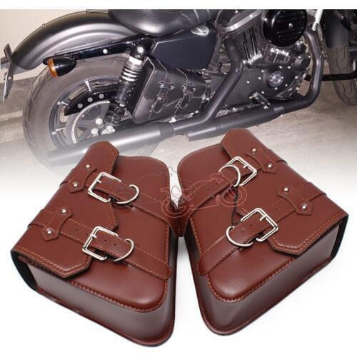 Brown PU Leather Style Saddle Bag Motorcycle Luggage Side Tool Bag For Honda Yamaha Suzuki Harley Sportster XL 883 XL1200