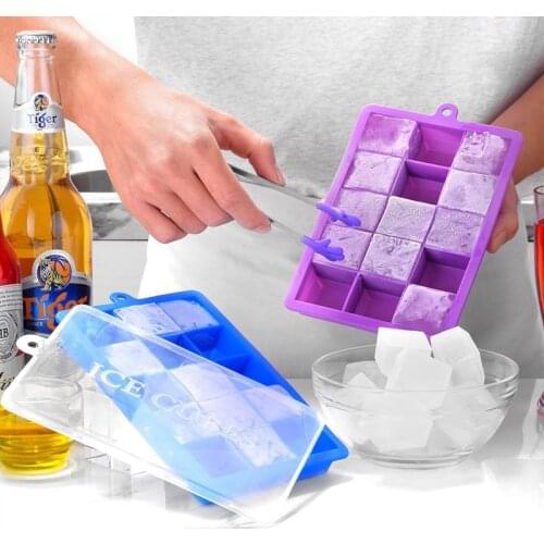 15 Grid Food Grade Silicone Ice Cream Maker Ice Tray Home with Lid DIY Ice Cube Mold Square Shape Kitchen Bar Accessories