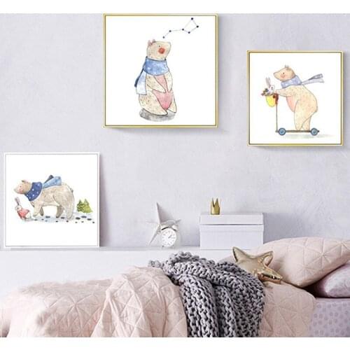 Cute Bear Rabbit Scooter Nursery Wall Art Canvas Paintings Cartoon Nordic Posters Prints Wall Pictures Girl Kids Room Decoration