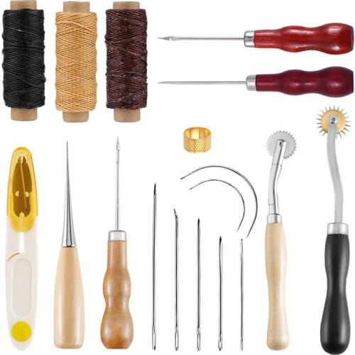 KAOBUY 18Pcs Leather Sewing Kit With Large-Eye Stitching Needle Waxed Thread Awl And Other Leather Craft Hand Tools For Beginner