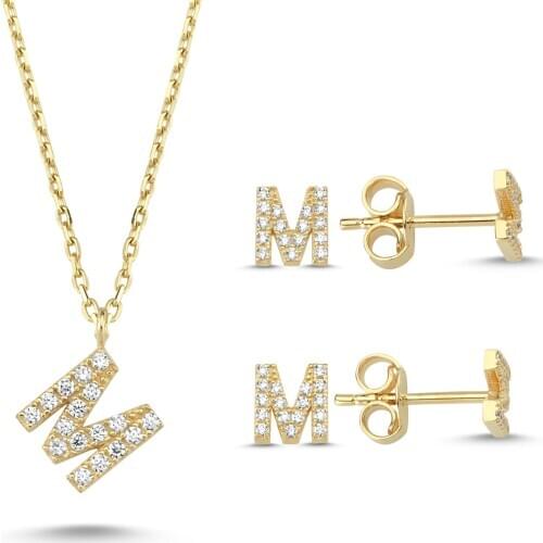 14k (585) Gold Letter, Word Design Pendant and Earrings Set