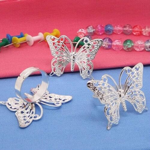 10X Wholesale 25MM Silver Plated Copper Metal Butterfly-shaped Tray Filigree Adjustable Ring Blank Base for Jewelry Making