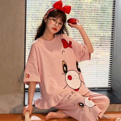 Pajimas women print short sleeves sleepwear pajama set summer female nightgown ladies Plus size nightwear homewear Strawberry
