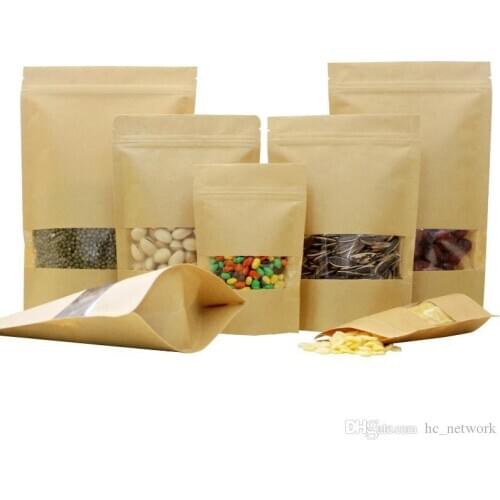 Kraft Paper Bag Stand Up Gift Dried Food Fruit Tea Packaging Pouches Kraft Paper Window Bag Retail Zipper Self Sealing Bags