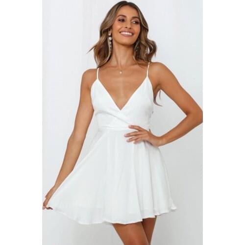 Euramerican Women V Neck Dress While Sweet Summer Spaghetti Strap Party Sexy Backless Holiday Lady Elegant Casual Mini Dresses