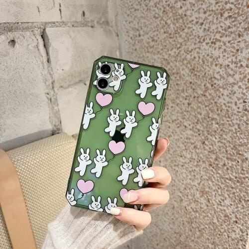 Retro Love balloons rabbit Jelly green Transparent Phone Case For iPhone 11 12 Pro Max Xr Xs Max 7 8 Plus 7Plus case Cute Cover