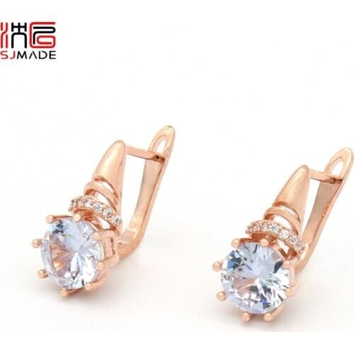 SJMADE Europe America Fashion Round Cubic Zirconia Dangle Earrings Elegant 585 Rose Gold Eardrop For Women Wedding Jewelry