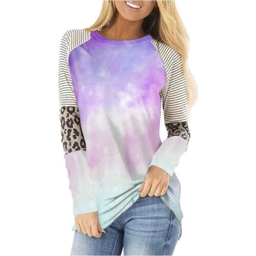Loose Striped Leopard Womens T Shirt Multicolor Tie Dye Long Sleeve O Neck Sweatshirt Oversize Tops Female Shirt Plus Size 5XL