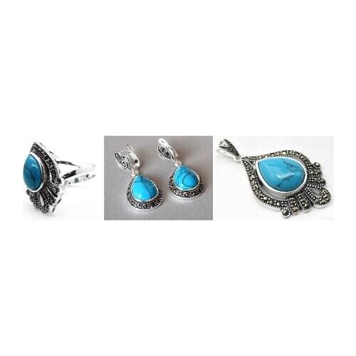 Vintage Blue Turquoise 925 Sterling Silver Marcasite Ring (#6-9) pendant and earrings sets