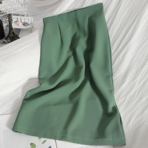 Women High Waist Summer Solid Spilt Skirts Office Lady Casual Bodycon Slim Skirt 2021