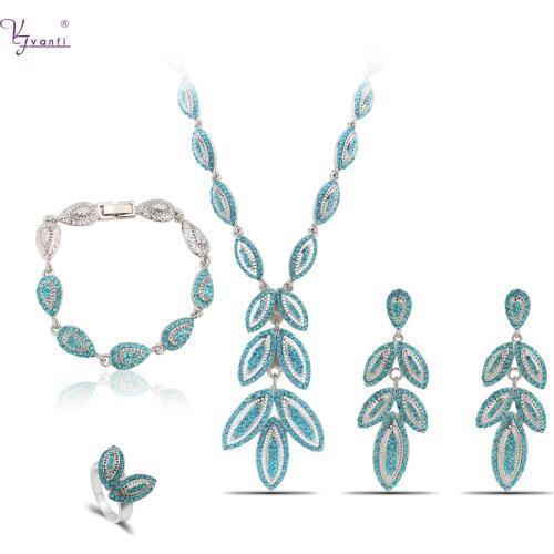 Kfvanfi Luxury Trendy Leaf Gold Silver Color Blue Rhinestones Drop Earrings Necklace Bracelet Ring Party Women Jewelry Sets