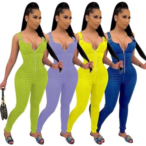 Adogirl High Stretchy Imitation Jeans Jumpsuit Women Fashion Sexy Zipper V Neck Sleeveless Braces Rompers Pencil Pants Overalls