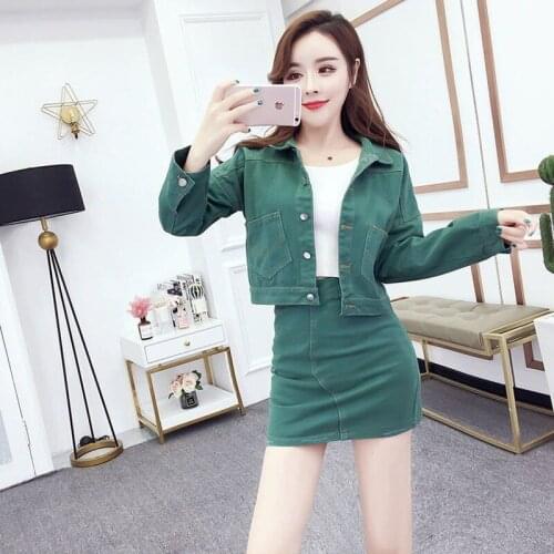 2021 Spring Autumn New Fashion Women Denim Two-piece Sets Short Single-breasted Solid Jacket + High Waist Bag Hip Skirt Y257