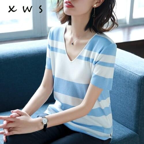 Womens Casual Knitted Short Sleeve Sweater 2019 Spring Summer Cashmere Korea sweater V-Neck striped knit Pullovers Tees