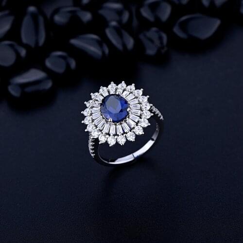 Luxury Design 925 Sterling Silver 7*9mm Blue Carbon Diamond Flower Party Rings for Women Trendy 2021 Au750 Gold Engagement Ring